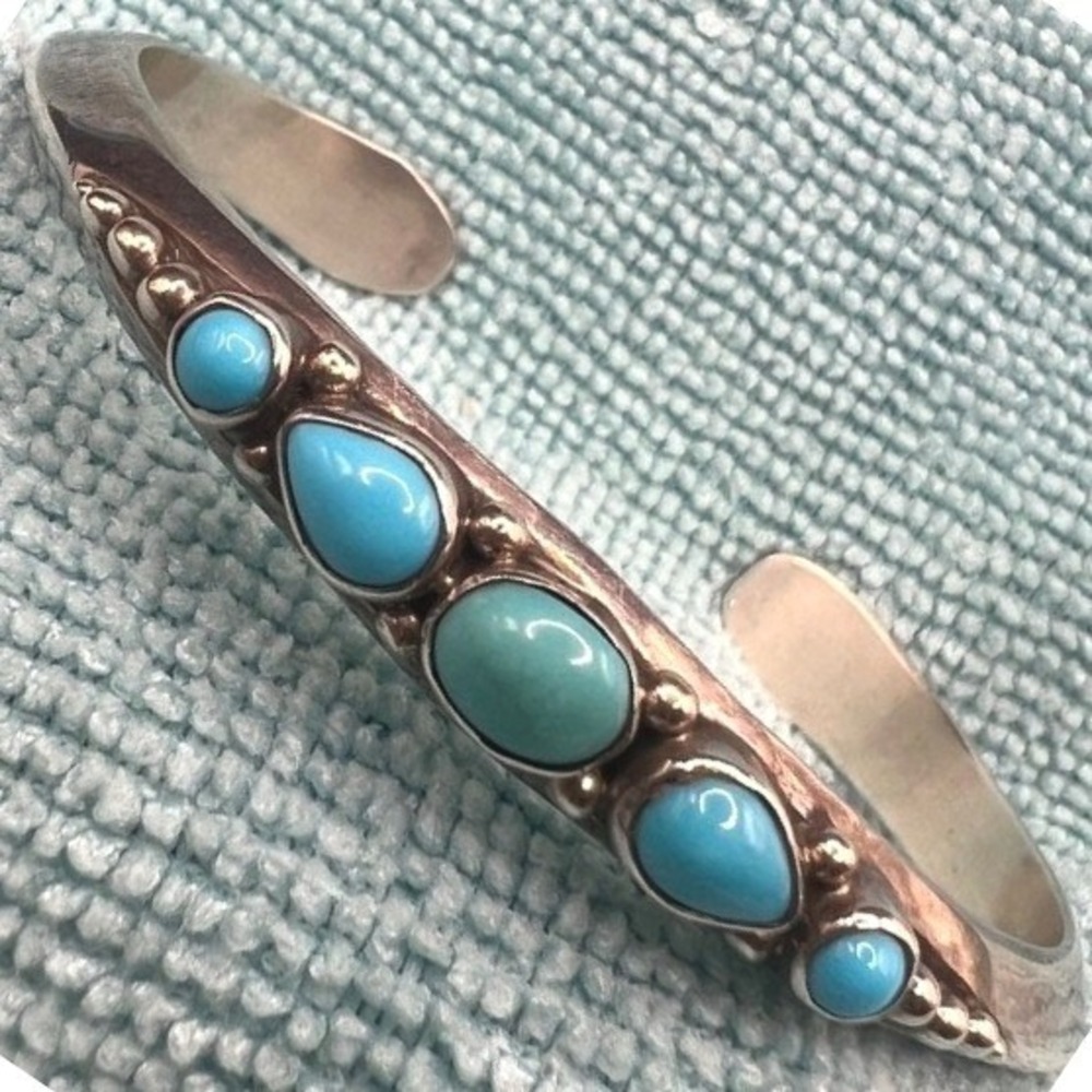 Russell Sam Sterling Silver Cuff Bracelet Blue Stone 26g .25"โ wide